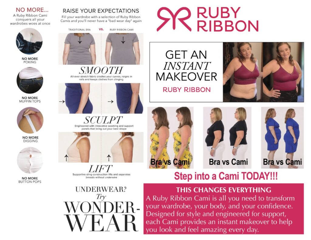 Comparison of traditional bra vs Ruby Ribbon cami showing smoothing, sculpting, and lifting effects on real women. Includes instant makeover transformations and key comfort features.