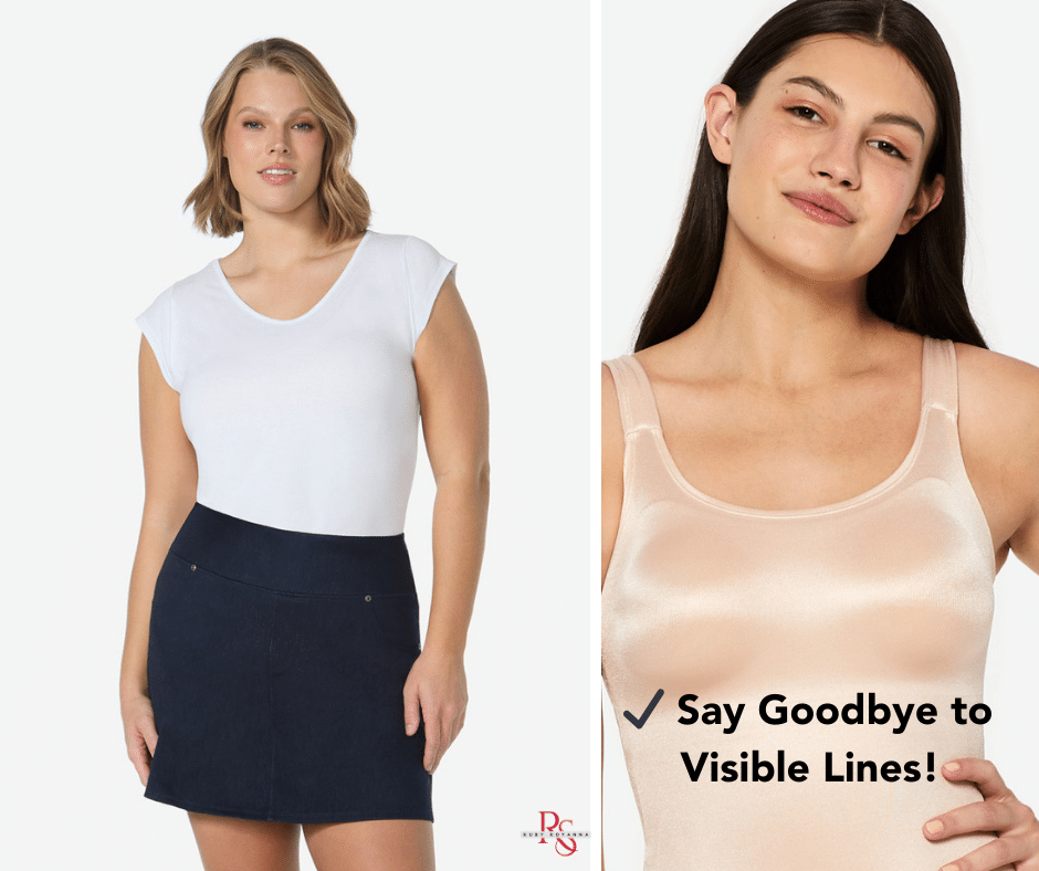 Side-by-side comparison showing the best undergarment choice for wearing under white. On the left, a model wears a white t-shirt with a properly fitted pale-colored cami underneath, creating a smooth and seamless look. On the right, a model showcases a nude-toned Ruby Ribbon cami with the text overlay ‘Say Goodbye to Visible Lines!’ emphasizing how the right undergarment eliminates show-through for a flawless outfit.