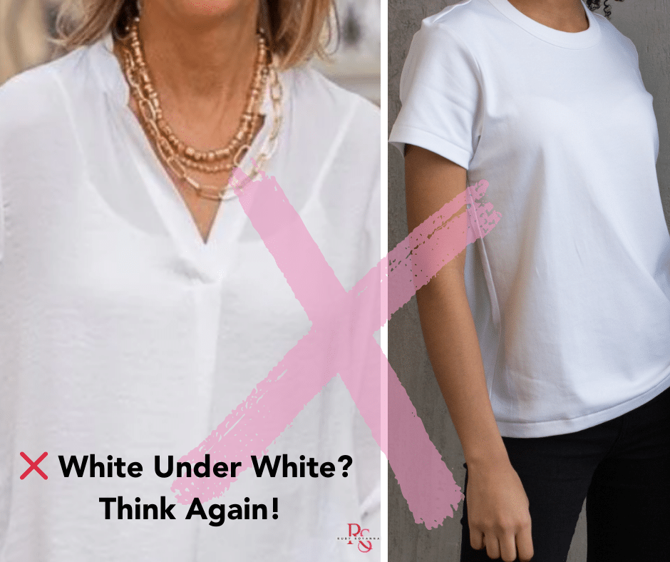 Side-by-side comparison of why white under white doesn’t work. On the left, a woman wears a white blouse with a visible undergarment underneath, and on the right, another woman wears a white t-shirt with a noticeable bra outline. A large pink ‘X’ overlays the image to emphasize that white under white is not the best choice. This image highlights the importance of choosing the right nude-for-you shade to achieve an invisible undergarments look under white clothing.