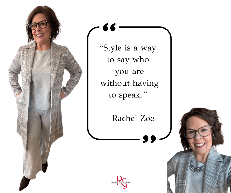 Spring wardrobe refresh with a stylish spring outfit showcasing a quote by Rachel Zoe about personal style and confidence.