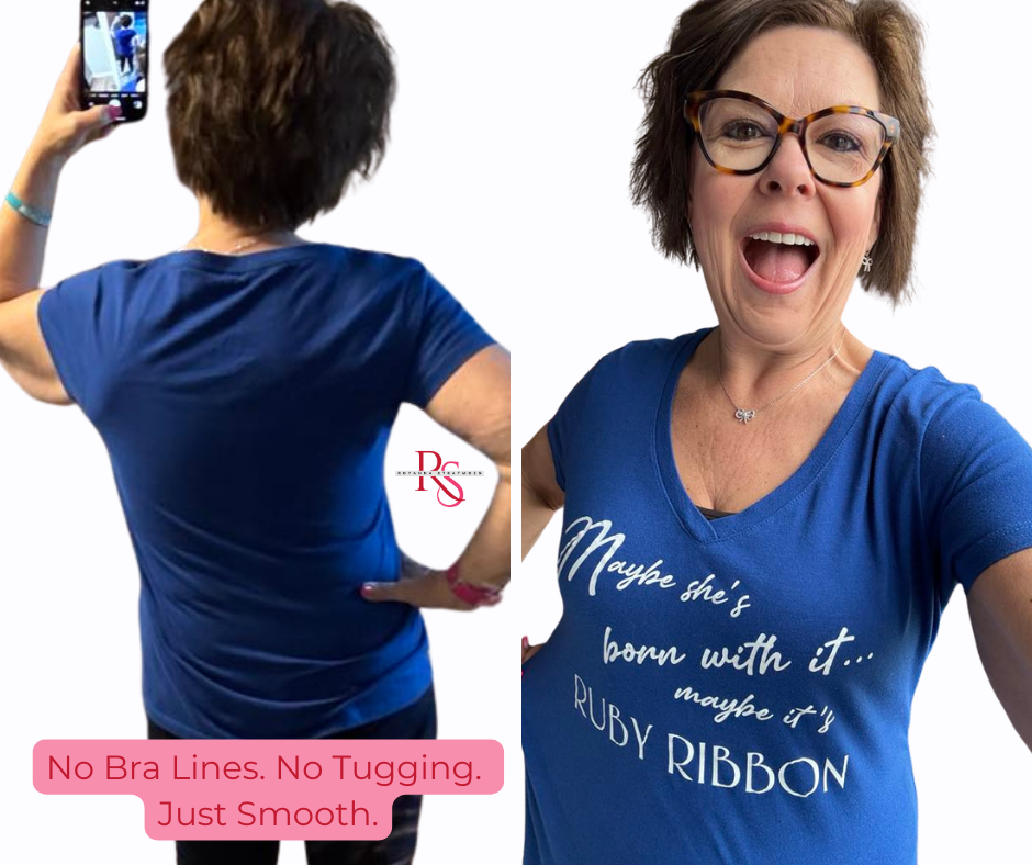 Royanna shows back-smoothing shapewear for summer by Ruby Ribbon under summer T-shirt

