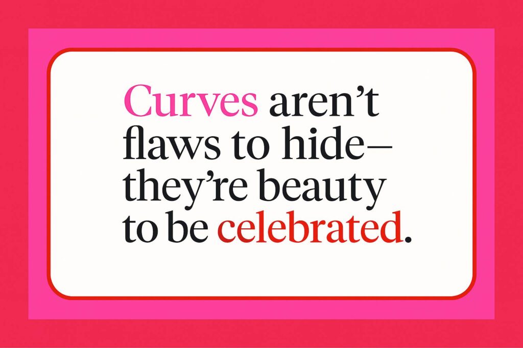 Inspirational quote card reading “Curves aren’t flaws to hide—they’re beauty to be celebrated” in red and pink text on a white background, promoting body confidence and inclusive shapewear for curvy women.